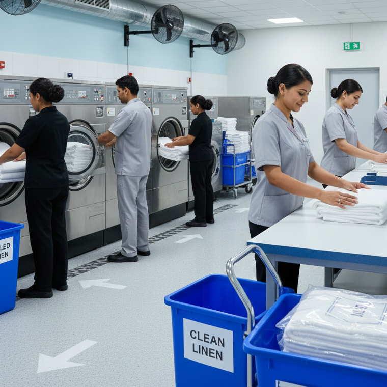 A laudry management team working together at a hotel.