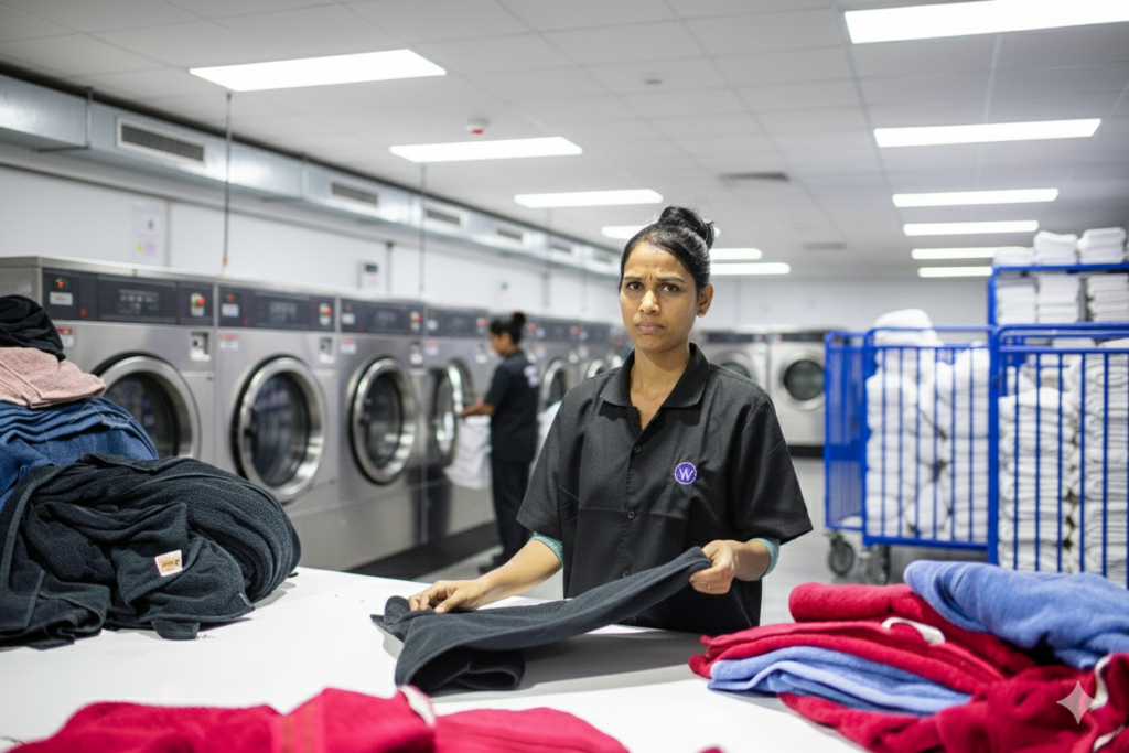 A sad lady looking at the camera