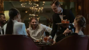 waiter serving food and drinks to guests.