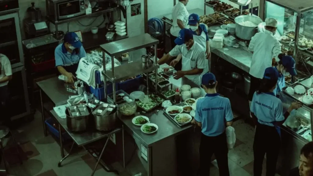 View of commercial kitchen setup.